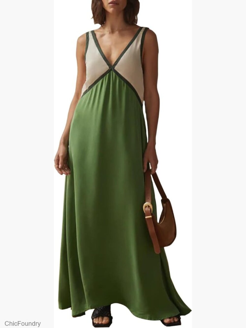 Color Block Satin Maxi Dress Loose Fit V-Neck Sleeveless Tank Dress Beach